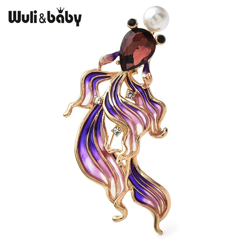 Wuli&baby Enamel Long Tail Goldfish Brooch Pins 4-color Metal Beautiful Swimming Fish Animal For Women's Clothes Pin Gifts