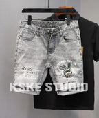 Korean Fashion Kpop Men's Casual Streetwear Boyfriend Designer Denim Shorts with Rabbit Embroidery for Summer Grey Short Jeans