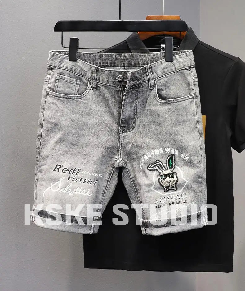 Korean Fashion Kpop Men's Casual Streetwear Boyfriend Designer Denim Shorts with Rabbit Embroidery for Summer Grey Short Jeans