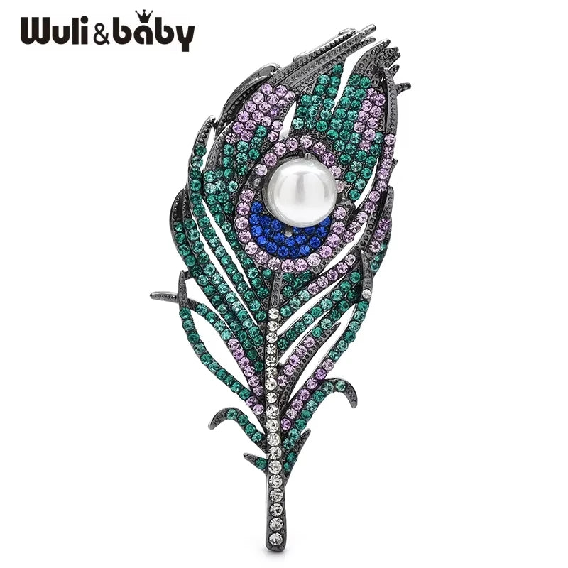PENDRA Peacock Rhinestone Feather Brooch