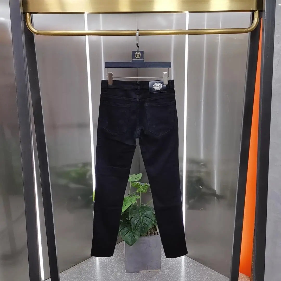 Luxury 2023 Men's High Street Korean Black Jeans with Zipper Distressed Hole Designer Youth Trend Slim-Fit Black Cotton Trousers