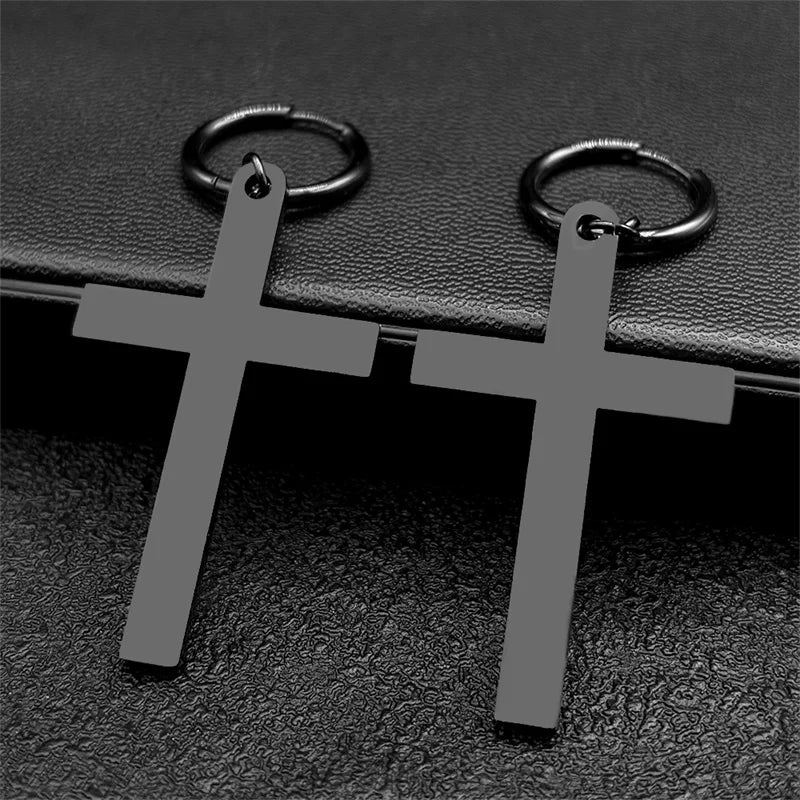 Hip Hop Catholic Cross Hoop Earrings for Women Men Stainless Steel Gold Silver Color Crucifix Statement Earring Jewelry E3476S06