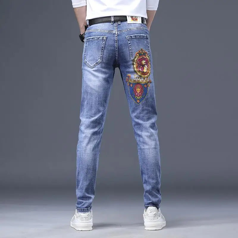 Spring Autumn Harajuku Fashion Art Craft Graphical Paintings 2000s Streetwear Male Slim Boyfriend Stylish Pants Denim Jeans Men