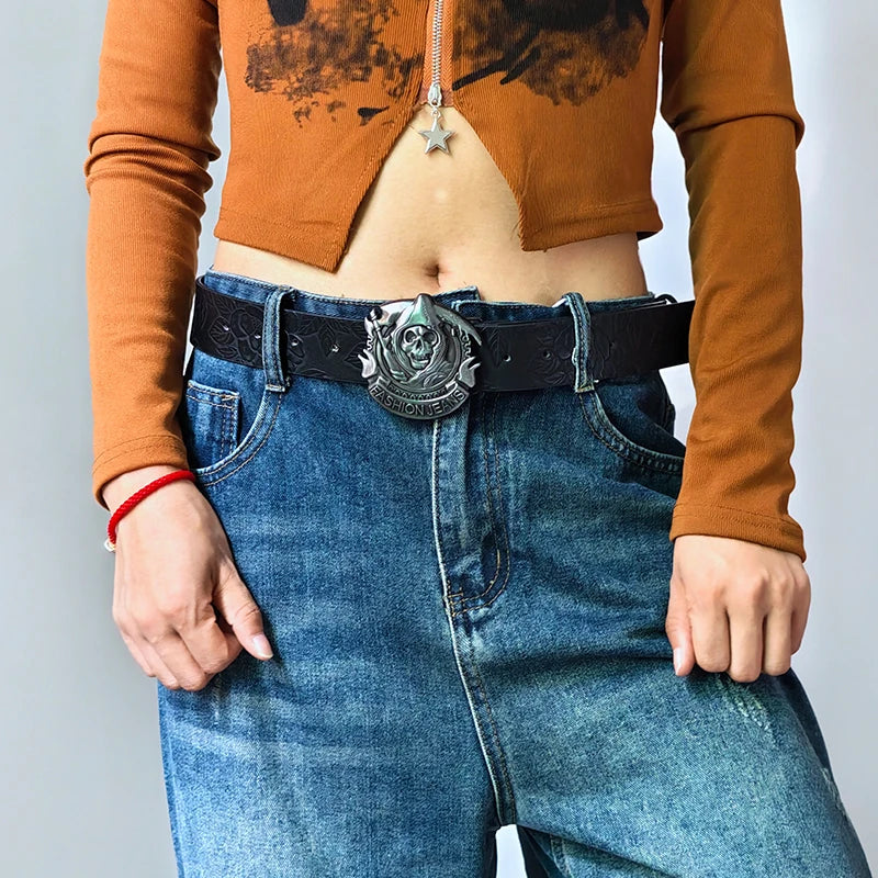 New Men's Trendy Belt Fashion Dark Style Personalized Skull Youth Punk Belt For Women Street Hip Hop Gothic  Jeans Waistband