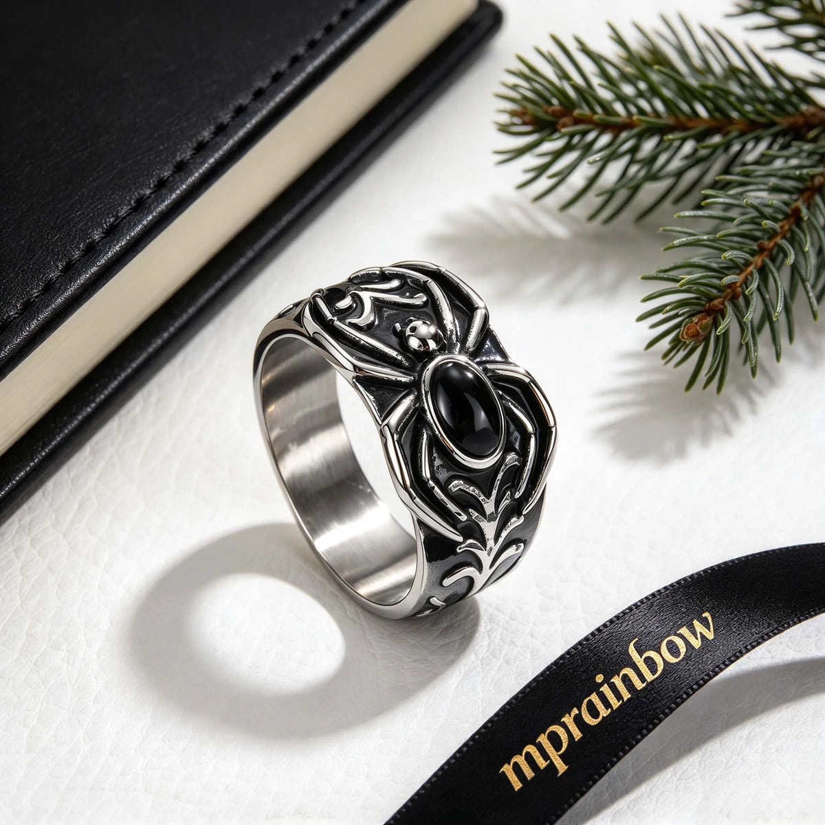 Vintage Punk Men's Spider Signet Ring,Stainless Steel Natural Stone Black Onyx Ring Jewelry Accessory Gift for Him