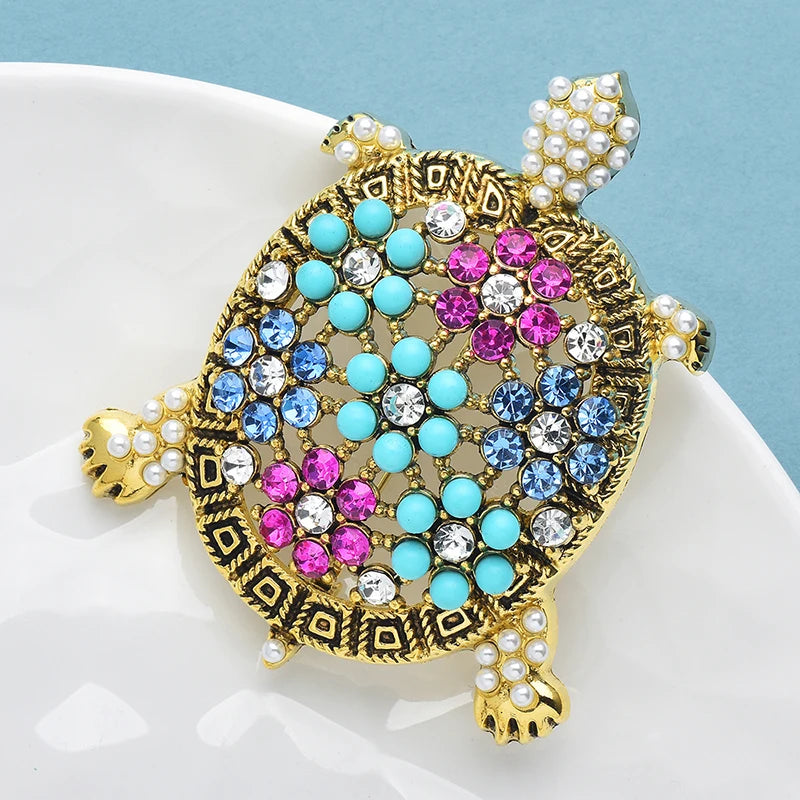 Wuli&baby Vintage Big Turtle Brooches For Women Unisex Rhinestone Swimming Sea Animal Party Casual Brooch Pins Gifts