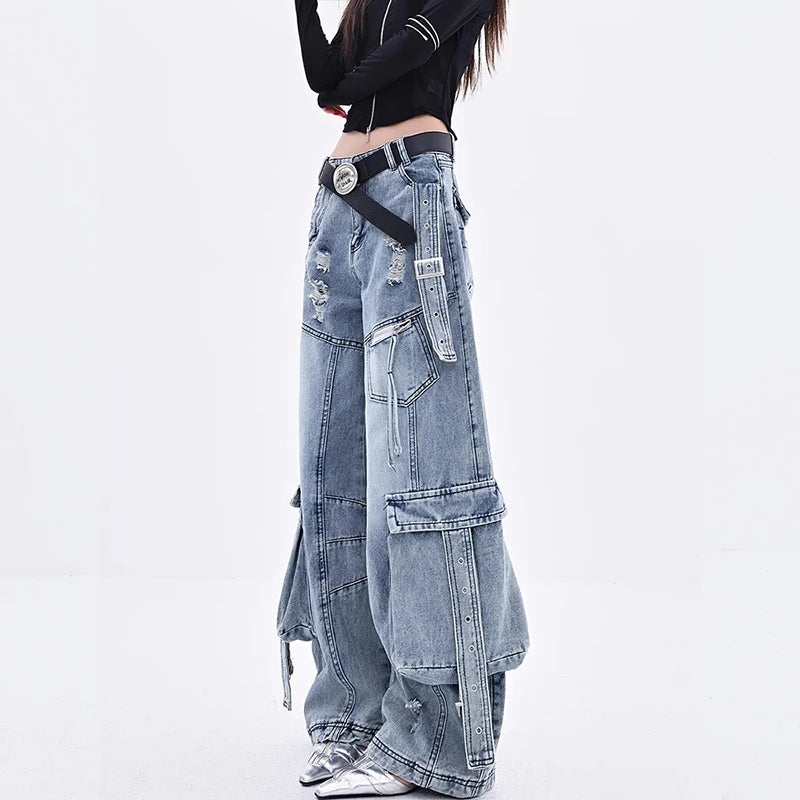 Female Trendy Loose Straight Wide Leg Denim Pants American Style High Street Three-dimensional With ribbons Design Pants