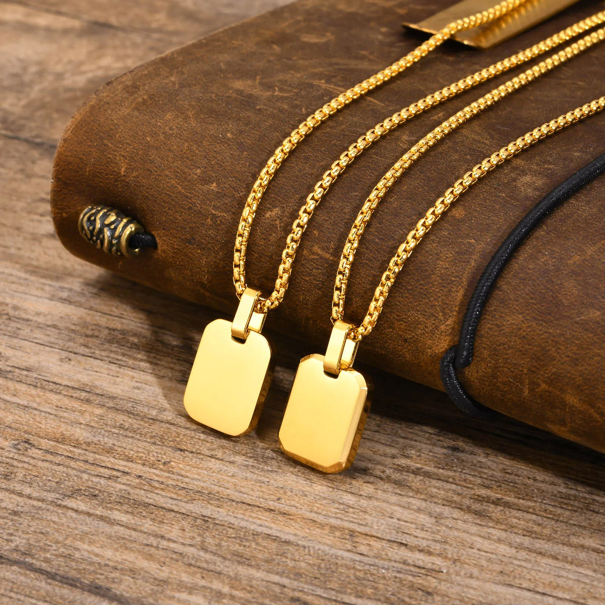 Free Custom Engraving Geometric Necklaces, Men's Waterproof Stainless Steel Square Pendant Collar with Box Chain