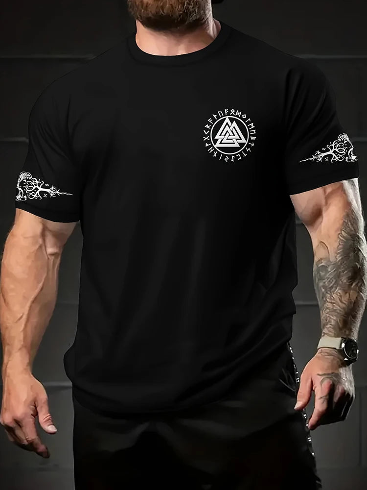 Viking-style Nordic Mythology Print Men's T-shirt Outdoor Street Sport Fitness Short-sleeved Shirt Daily Casual Fashionable Top