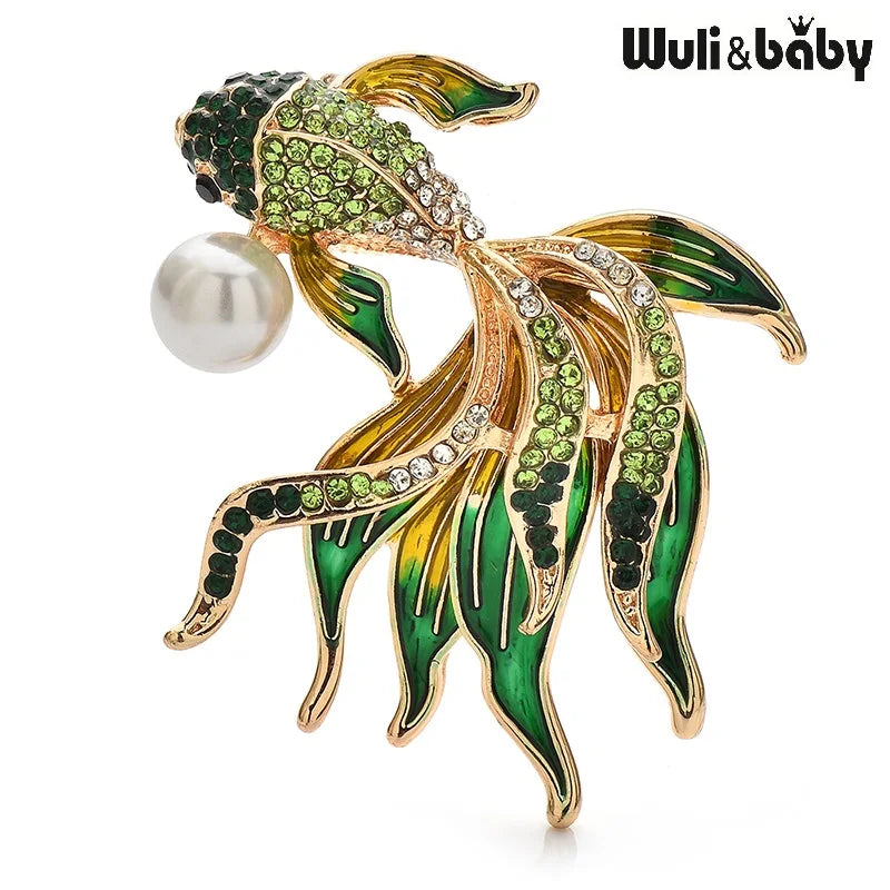 PENDRA Golden Fish Crystal Brooch