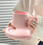 Creative chubby ceramic cup and saucer set, big handle design ins wind mug, macaron breakfast coffee
