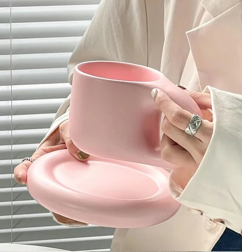 Creative chubby ceramic cup and saucer set, big handle design ins wind mug, macaron breakfast coffee