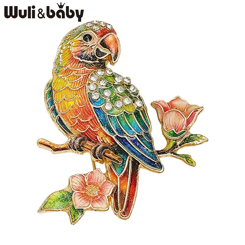 PENDRA Blooming Parrot Rhinestone Brooch