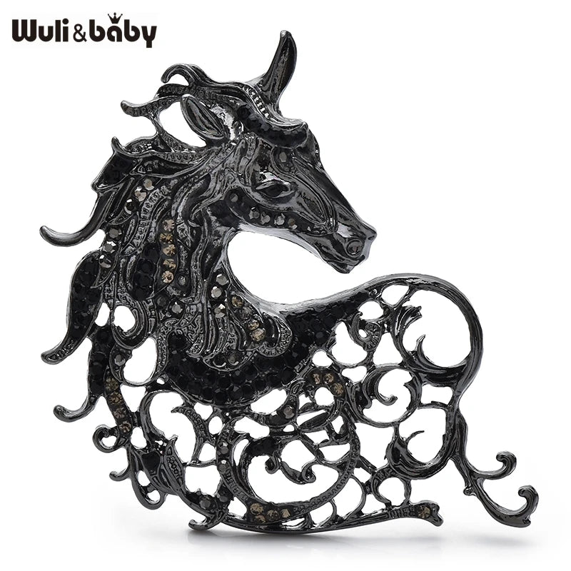 Wuli&baby Vintage Strong Horse Brooches 4-color Rhinestone Zodiac Animal Party Office Brooch Pins Gifts