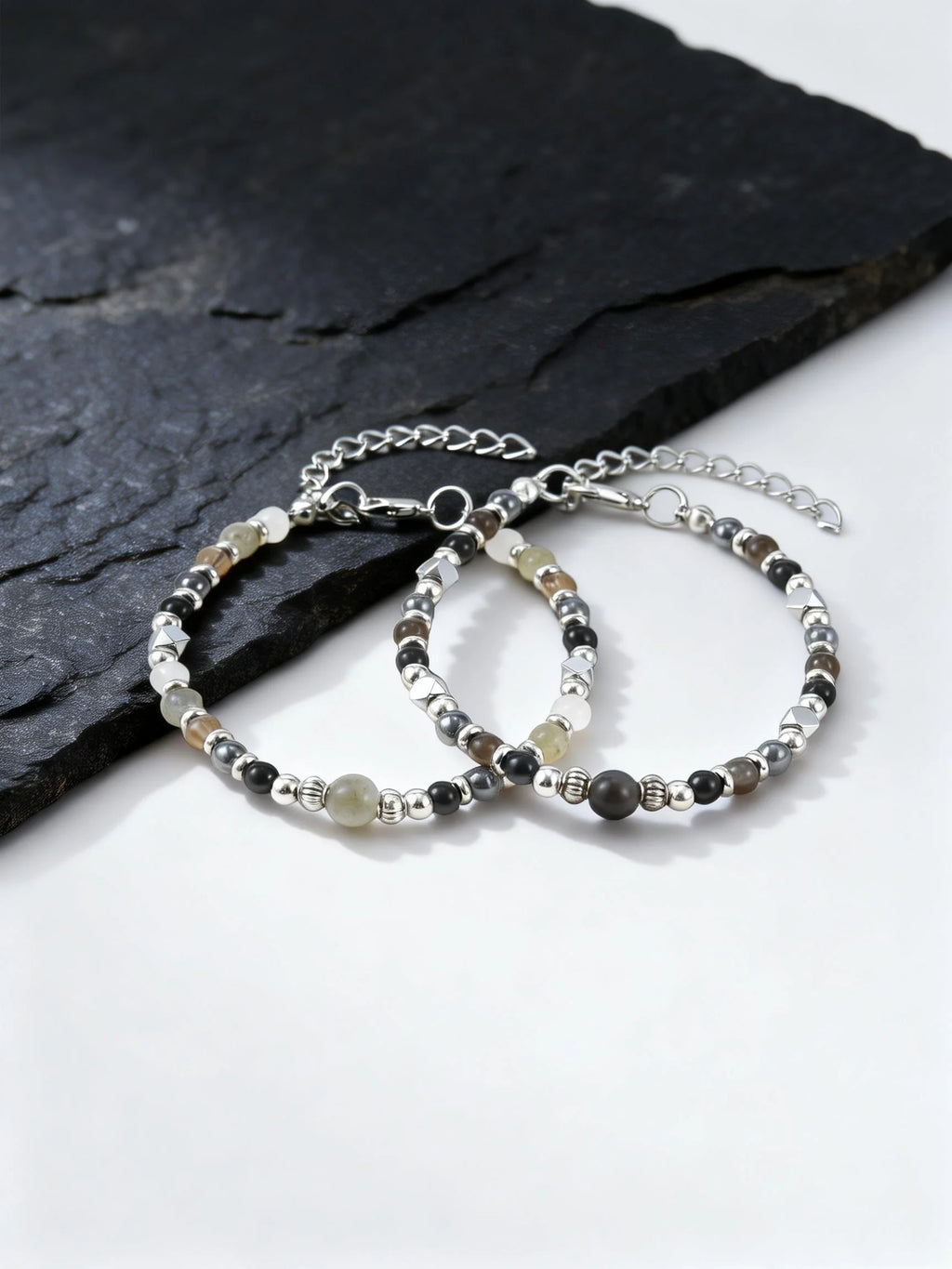 Healing Natural Stone Beaded Bracelets for Men Boys,Hip Hop Metal Adjustable Beaded Wristband,Causal Jewelry Gift