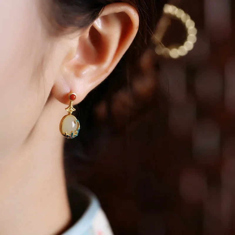 VENTFILLE Hetian Jade Ear Hook Earring Women's High-end Temperament Ethnic Style Retro Earrings Cloisonne Craft Dangler Gift