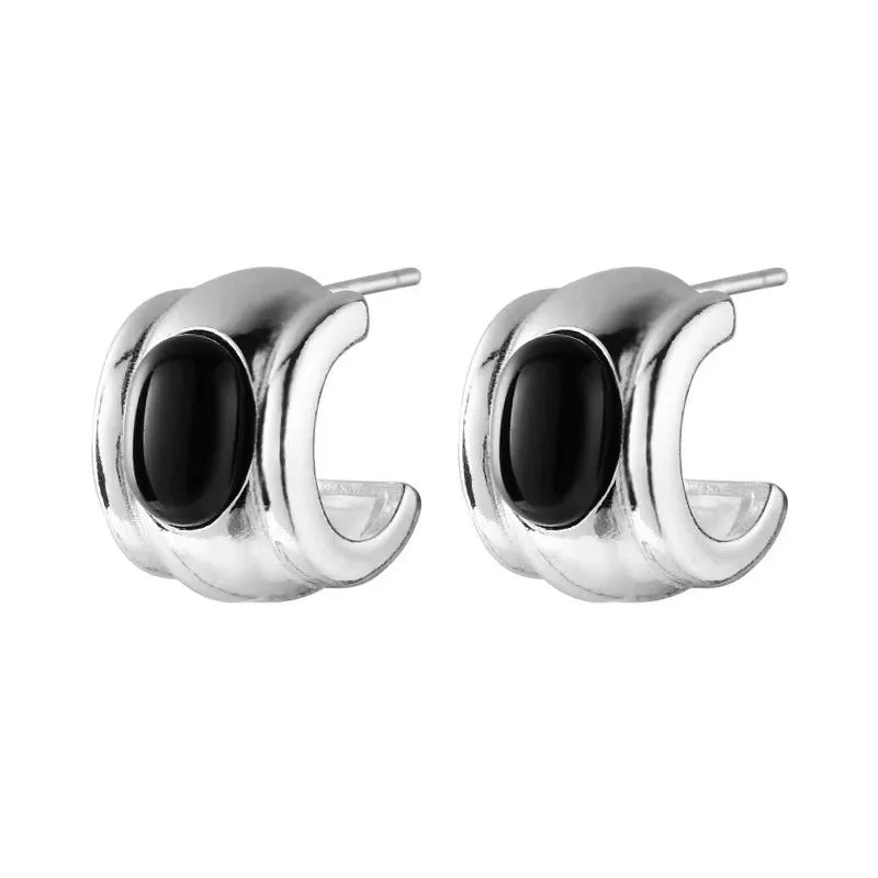 VENTFILLE Silver Color Black Agate Stud Earring for Women Girl Circular Design Versatile Fashion Jewelry Gift Dropshipping