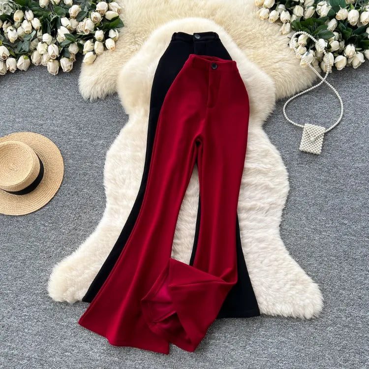High waisted slim fit micro flared pants women in spring new design sense casual versatile solid color straight leg pants
