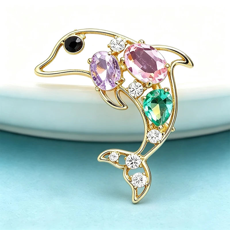 PENDRA Crystal Leaping Dolphin Fish Brooch