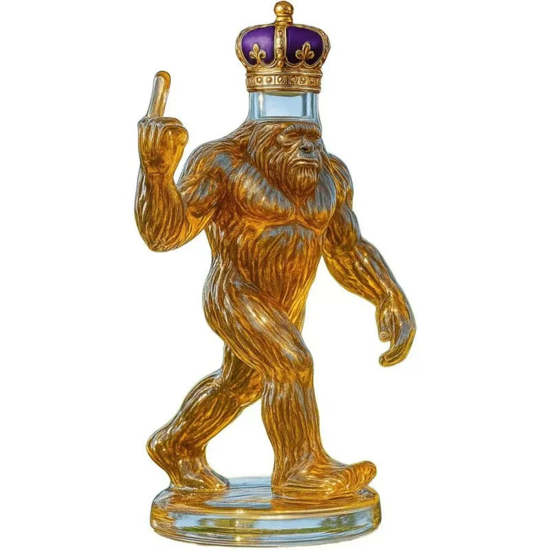 Collectible Sasquatch Whiskey Decanter with Royal Crown, Funny Middle Finger Glass Liquor Bottle for Man Cave & Camping Gifts