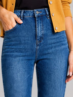 New Women's High-Quality Elastic Dark Wash Blue Pocket Skinny Jeans, Casual and Versatile, Spring and Summer Wear