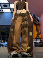 Retro leopard print patchwork brown casual pants women autumn winter plush embroidery street personality loose dance pants