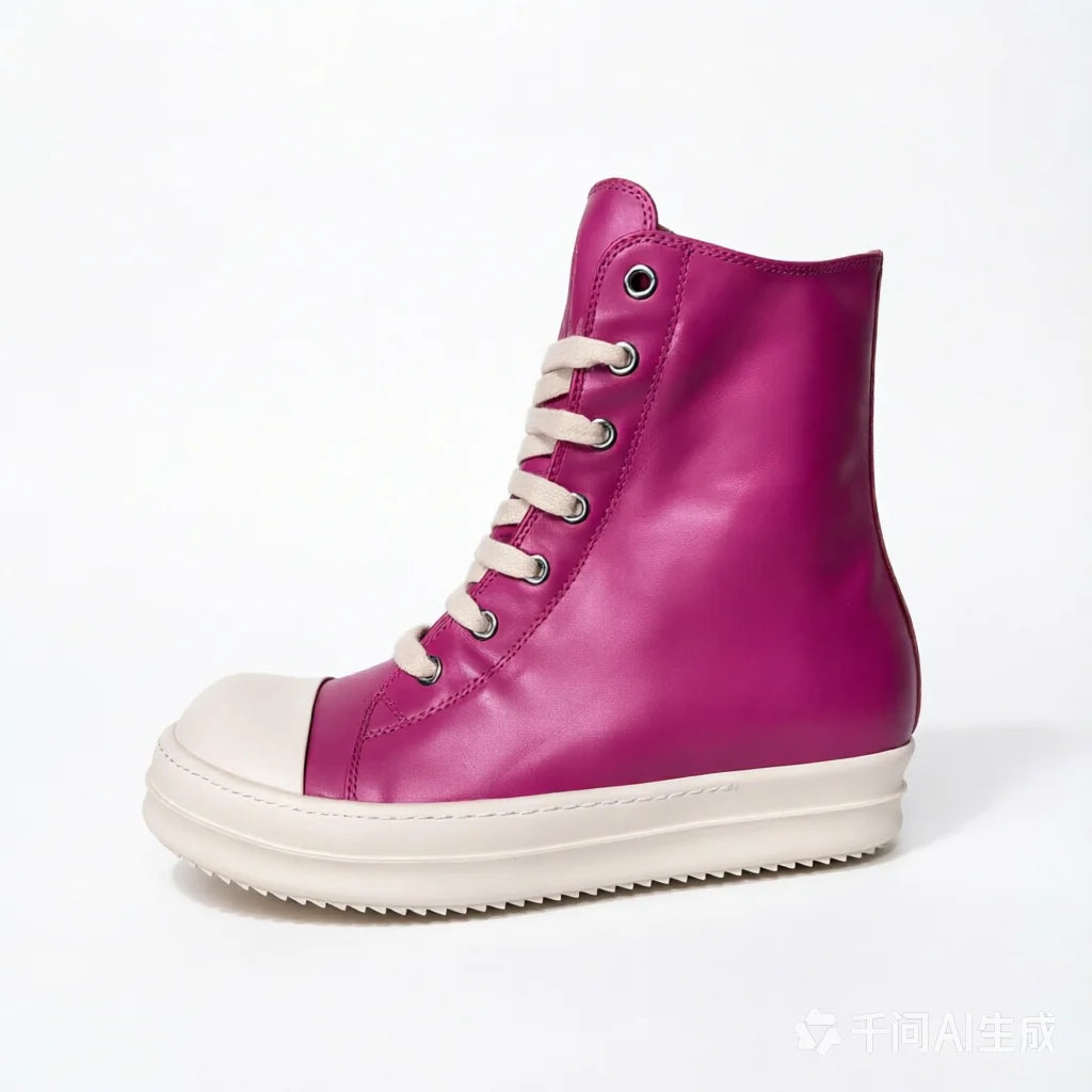 PENDRA Rose Titan Pink Genuine Leather High-Top Zip Thick-Sole Ankle Boots