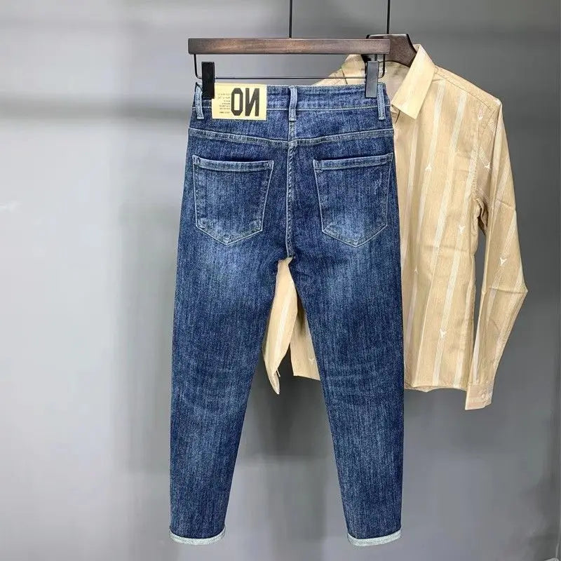 Korean Luxury Clothing Jeans Men's Autumn New High-end Brand Slim-fitting Small Feet Blue Washed Retro Ruffian Handsome Trousers