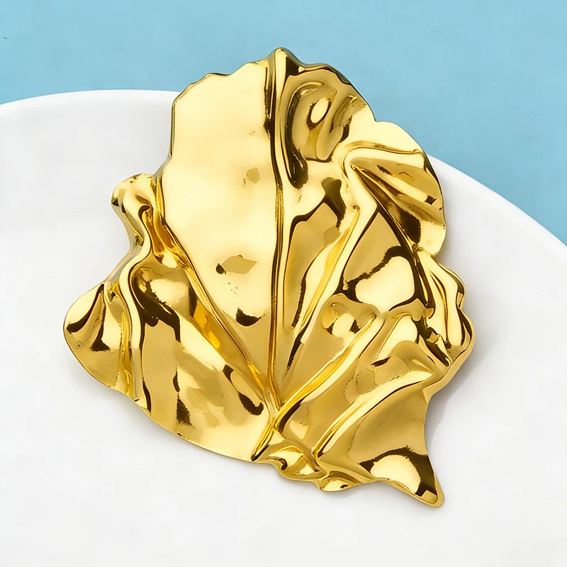 Wuli&baby Stainless Steel Geometric Leaf Big Size Brooch Pins Metal Badge For Suit Elegant Jewelry Accessory