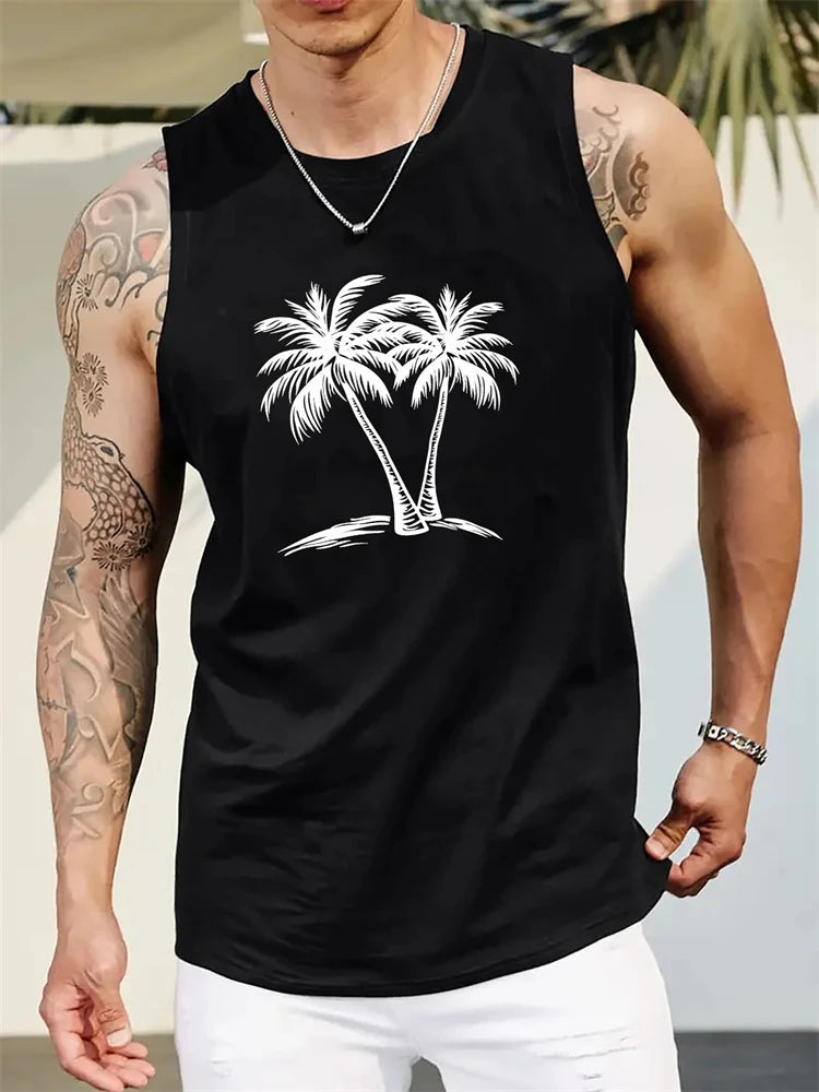 Hawaiian Style Mens Coconut Tree Print Tank Top Outdoor Street Fashion Men's Sleeveless Top Summer Sports Fitness Men's Tank Top