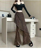Women's autumn and winter sequin fart curtain fake two high waisted slimming and floor dragging casual flared pants