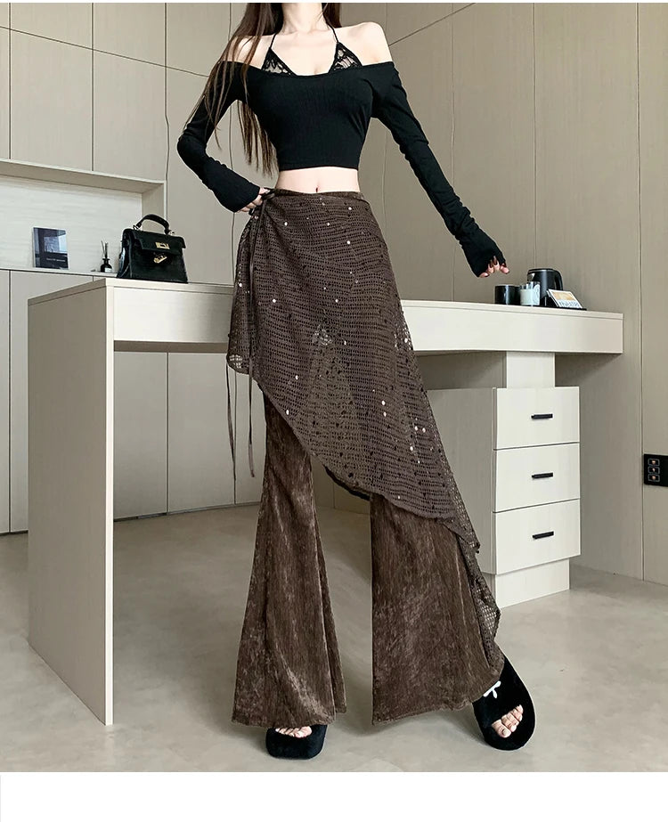 Women's autumn and winter sequin fart curtain fake two high waisted slimming and floor dragging casual flared pants