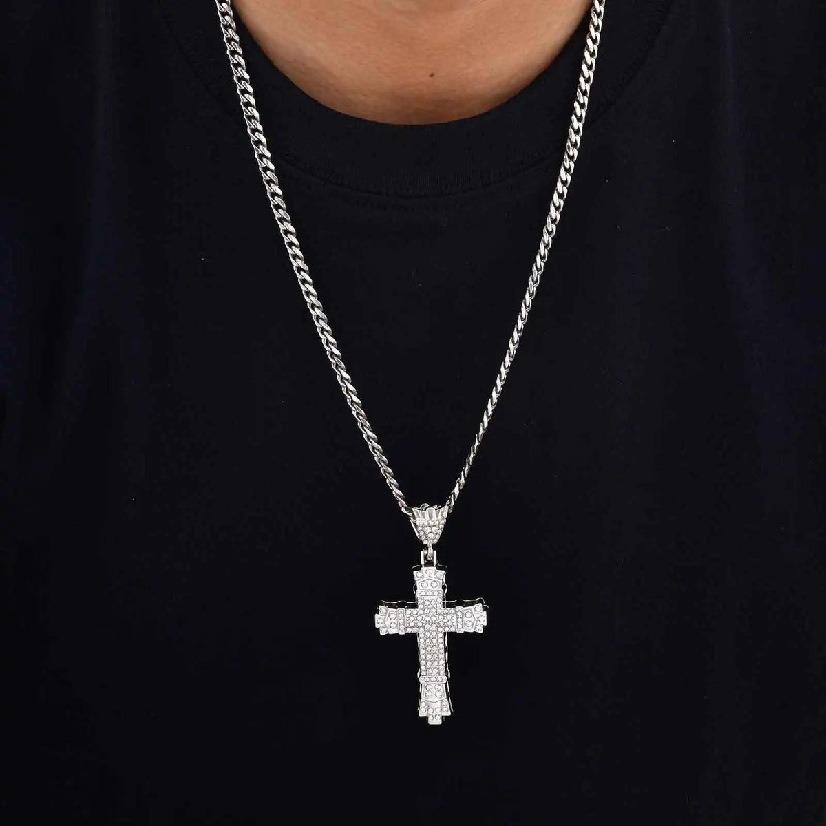 Hip-hop Rhinestone Cross Necklace for Men Boys,Punk Rap Street Cool Cross Metal Pendant Necklace,Birthday Gift for Husband Dad