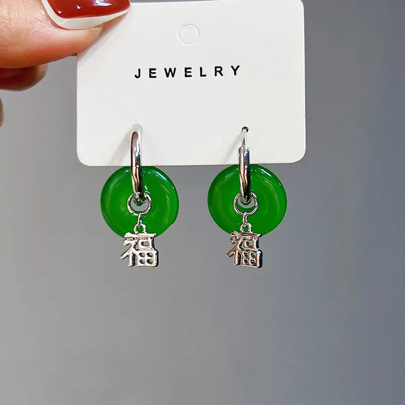 VENTFILLE Unique Green Jade Round Stainless Steel Hoop Earrings For Women Vintage Elegant Earclip Earrings Statement Jewelry