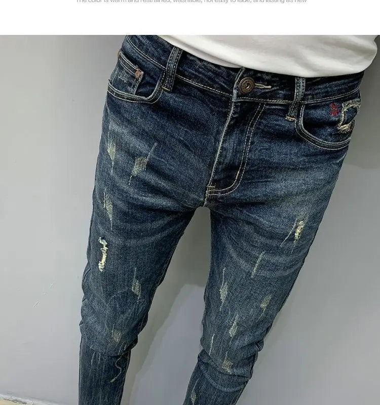 Harajuku Fashion Autumn New Blue Jeans Men's Trendy Brand Scratches Cargo Work Korean Slim-fitting Trousers Luxury Elastic Pants
