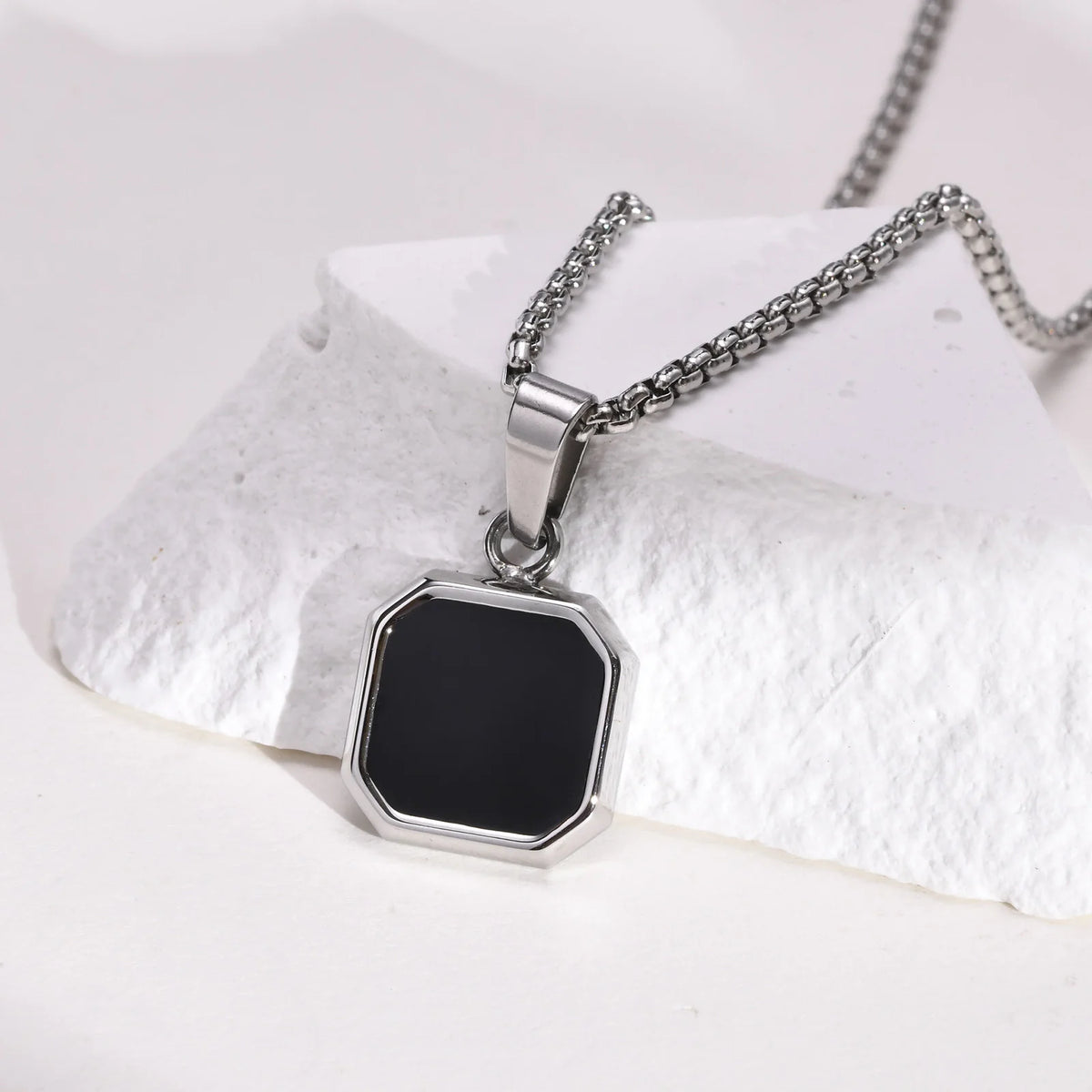 Mens Square Natural Stone Necklaces,Waterproof Stainless Steel Geometric Pendant Collar,Stylish Hip Hop Cool  Jewelry Gites