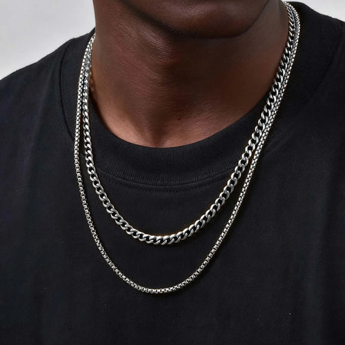 2pcs Trendy Chain Necklace for Men Boys, Stainless Steel Silver Gold Color Cuban Chain Collars, Box Chain Twisted Rope Gift