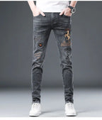2025 Summer Ripped Jeans Men's Slim-fitting Small Feet Elastic Trousers Trendy Brand Fashion Scratched Patch Cargo Beggar Pants