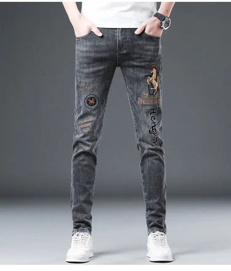 2025 Summer Ripped Jeans Men's Slim-fitting Small Feet Elastic Trousers Trendy Brand Fashion Scratched Patch Cargo Beggar Pants