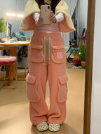 American style retro thick casual cargo pants women in winter new lamb wool loose fit fashion versatile wide leg pants
