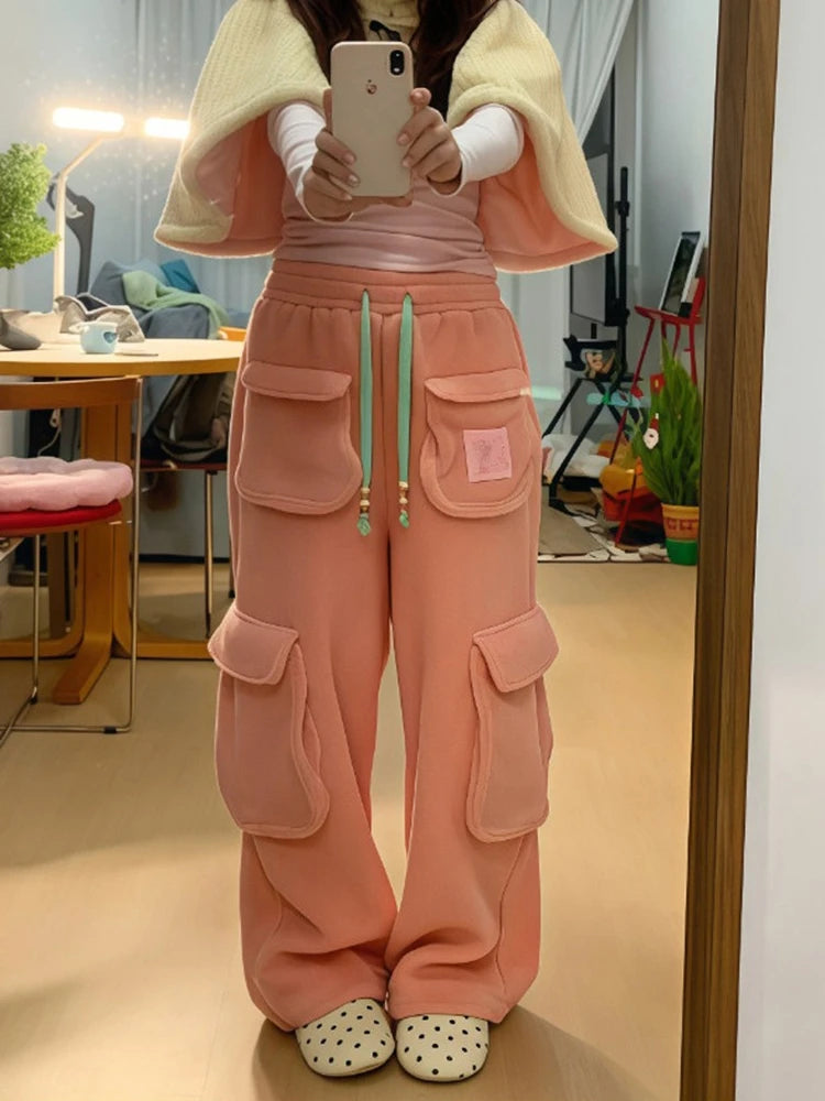 American style retro thick casual cargo pants women in winter new lamb wool loose fit fashion versatile wide leg pants