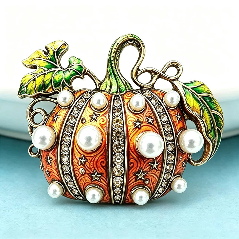 PENDRA Harvest 2-Color Pearl Rhinestone Pumpkin Brooch