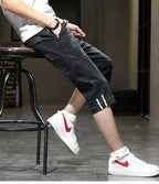 Clothes Y2k Man 2000s Summer Thin Stripe Men's Loose Casual Shorts Korean Denim Luxury  Elastic Waist Knee Pants Black Jeans Man