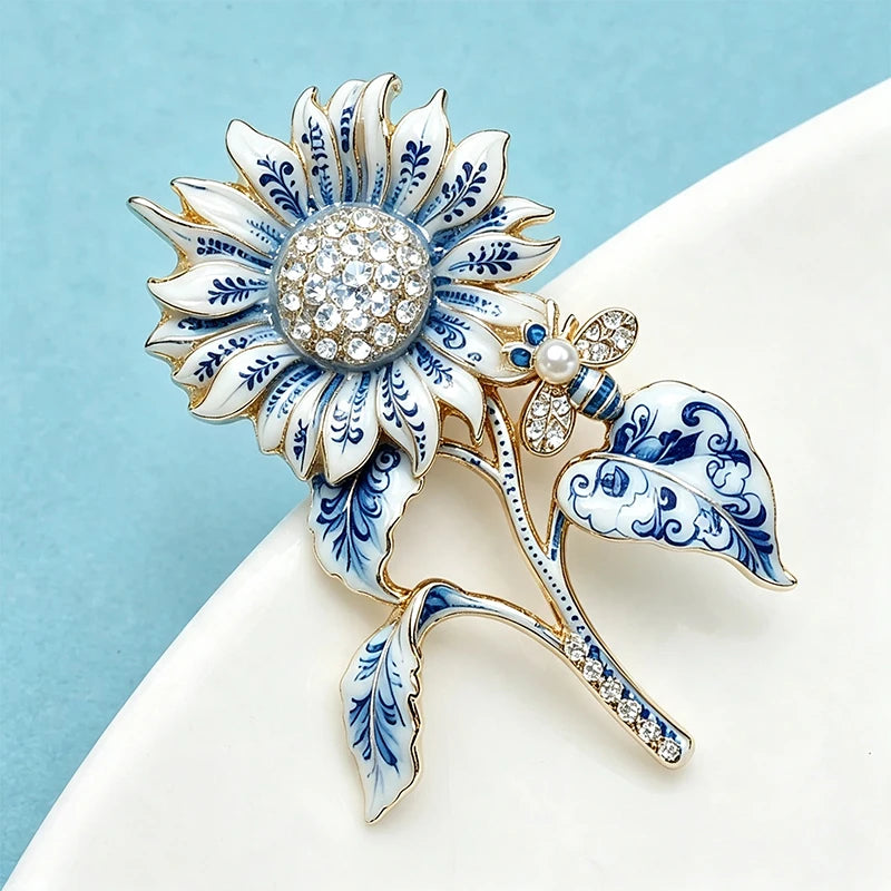 PENDRA Porcelia Blue-and-White Rhinestone Sunflower Brooch