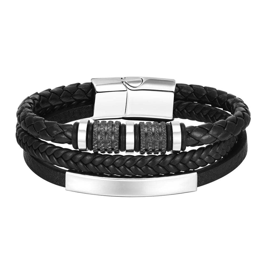 Black Multi Layers Leather Bracelet for Men,Metal Tube Charm Handmade Braided Rope Leather Bracelet,Gift for Husband Dad Son