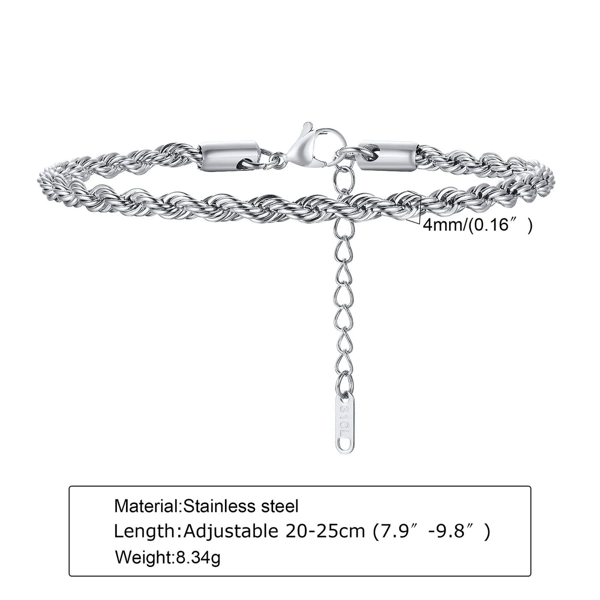 2/3/4/5mm Twist Rope Chain Bracelet for Men Women,Casual Stainless Steel Adjustable Chain Wristband,Gold/Siver Color Chain