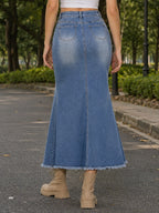 New Women's Mid-waist Stretch Washed Denim Skirt, Tie-waist Detail, Elegant Mermaid Midi Skirt, Spring/Summer Apparel