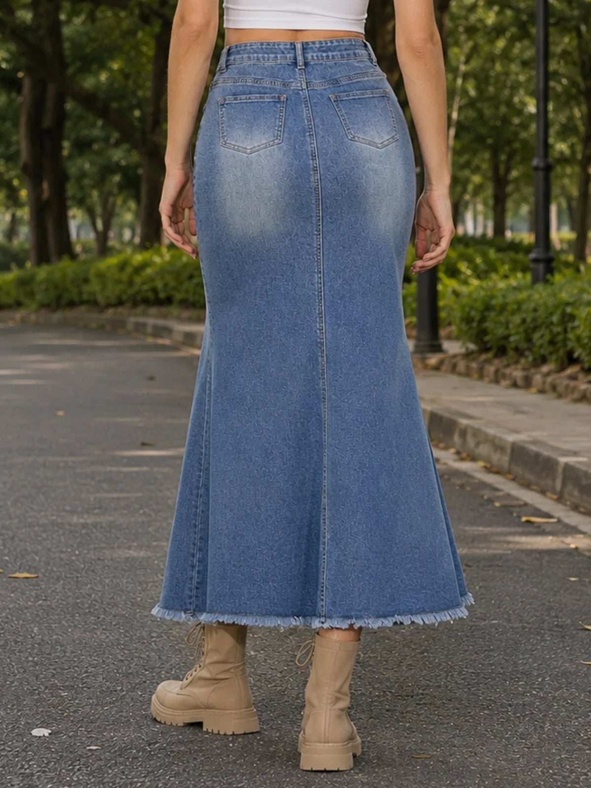 New Women's Mid-waist Stretch Washed Denim Skirt, Tie-waist Detail, Elegant Mermaid Midi Skirt, Spring/Summer Apparel