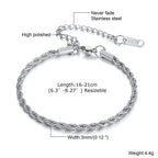 2/3/4/5mm Twist Rope Chain Bracelet for Men Women,Casual Stainless Steel Adjustable Chain Wristband,Gold/Siver Color Chain