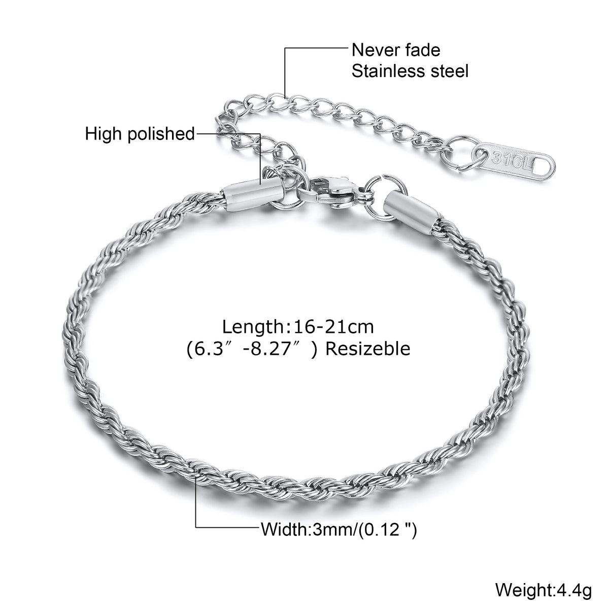 2/3/4/5mm Twist Rope Chain Bracelet for Men Women,Casual Stainless Steel Adjustable Chain Wristband,Gold/Siver Color Chain